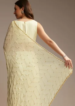 Off White Chinon Saree with Cutdana and Stone Work