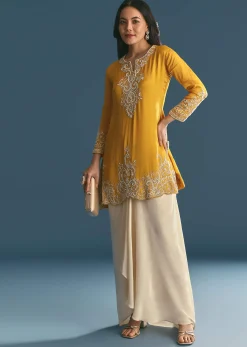 Off White Chinon Skirt Set With Yellow Moti Embroidered Kurta