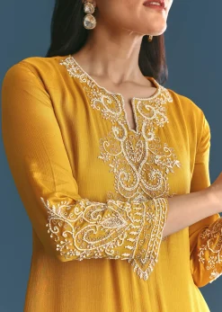 Off White Chinon Skirt Set With Yellow Moti Embroidered Kurta
