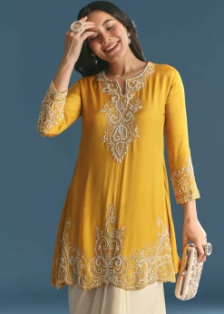 Off White Chinon Skirt Set With Yellow Moti Embroidered Kurta