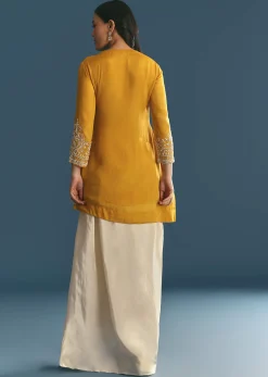 Off White Chinon Skirt Set With Yellow Moti Embroidered Kurta