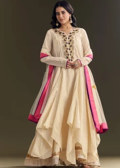 Off White Cora Cotton Asymmetrical Kurta Palazzo With Net Dupatta