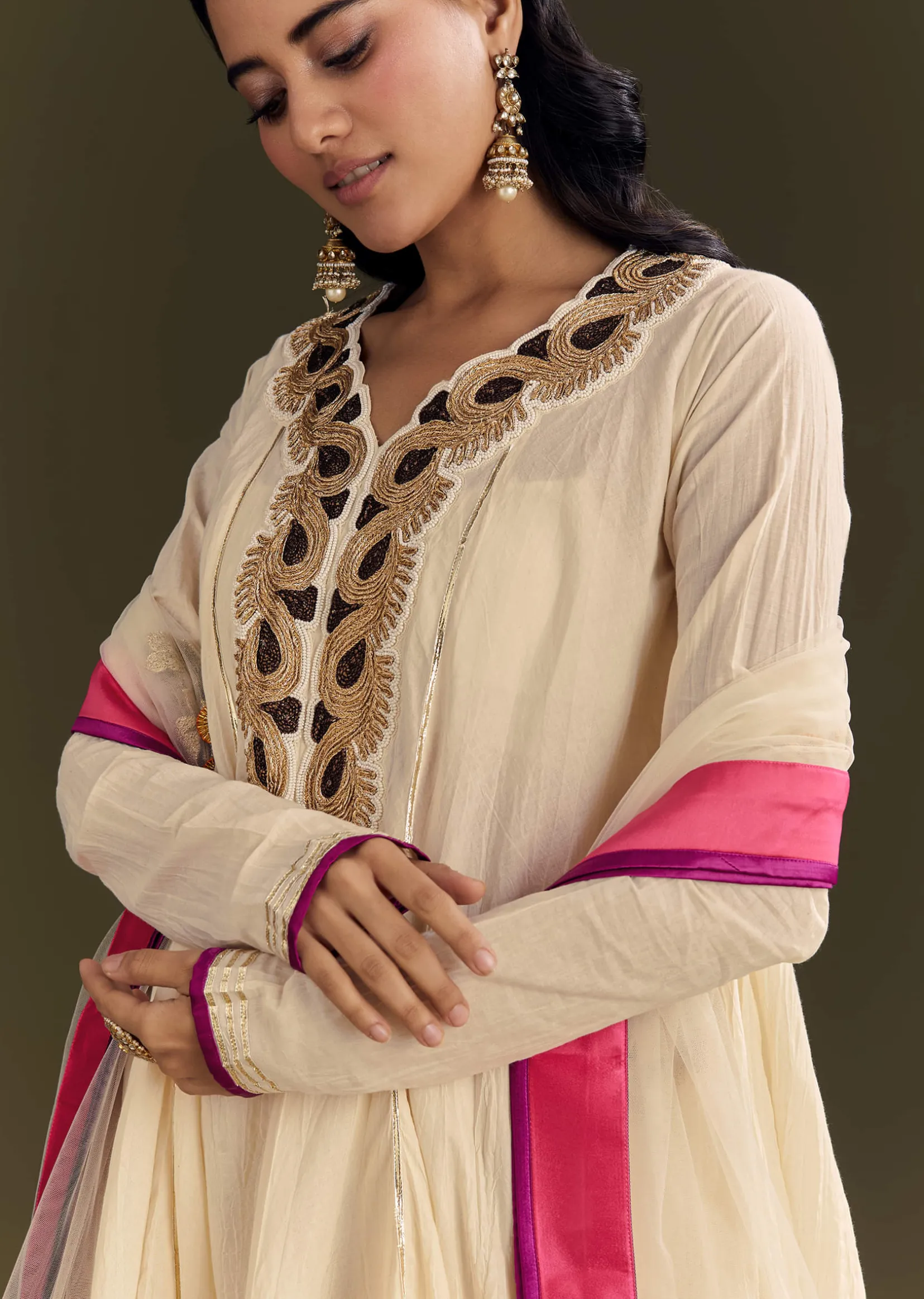 Off White Cora Cotton Asymmetrical Kurta Palazzo With Net Dupatta