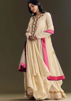 Off White Cora Cotton Asymmetrical Kurta Palazzo With Net Dupatta