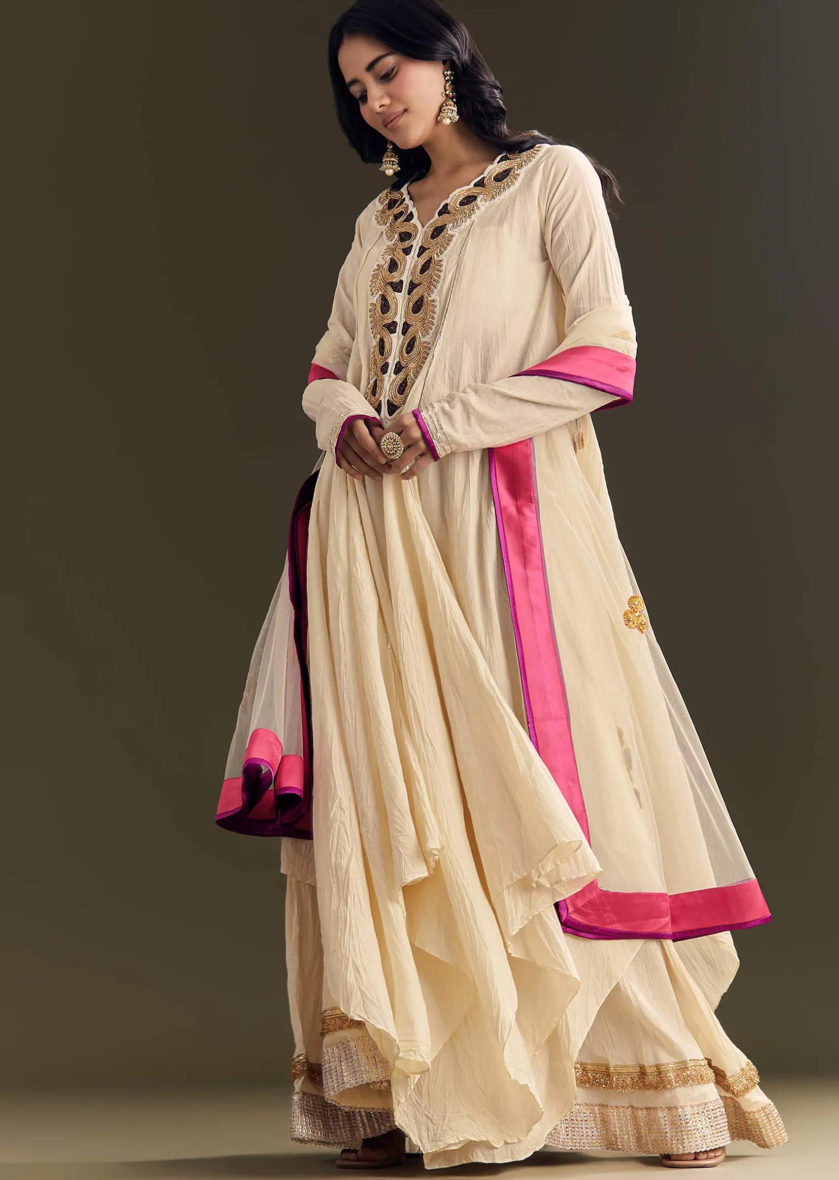 Off White Cora Cotton Asymmetrical Kurta Palazzo With Net Dupatta