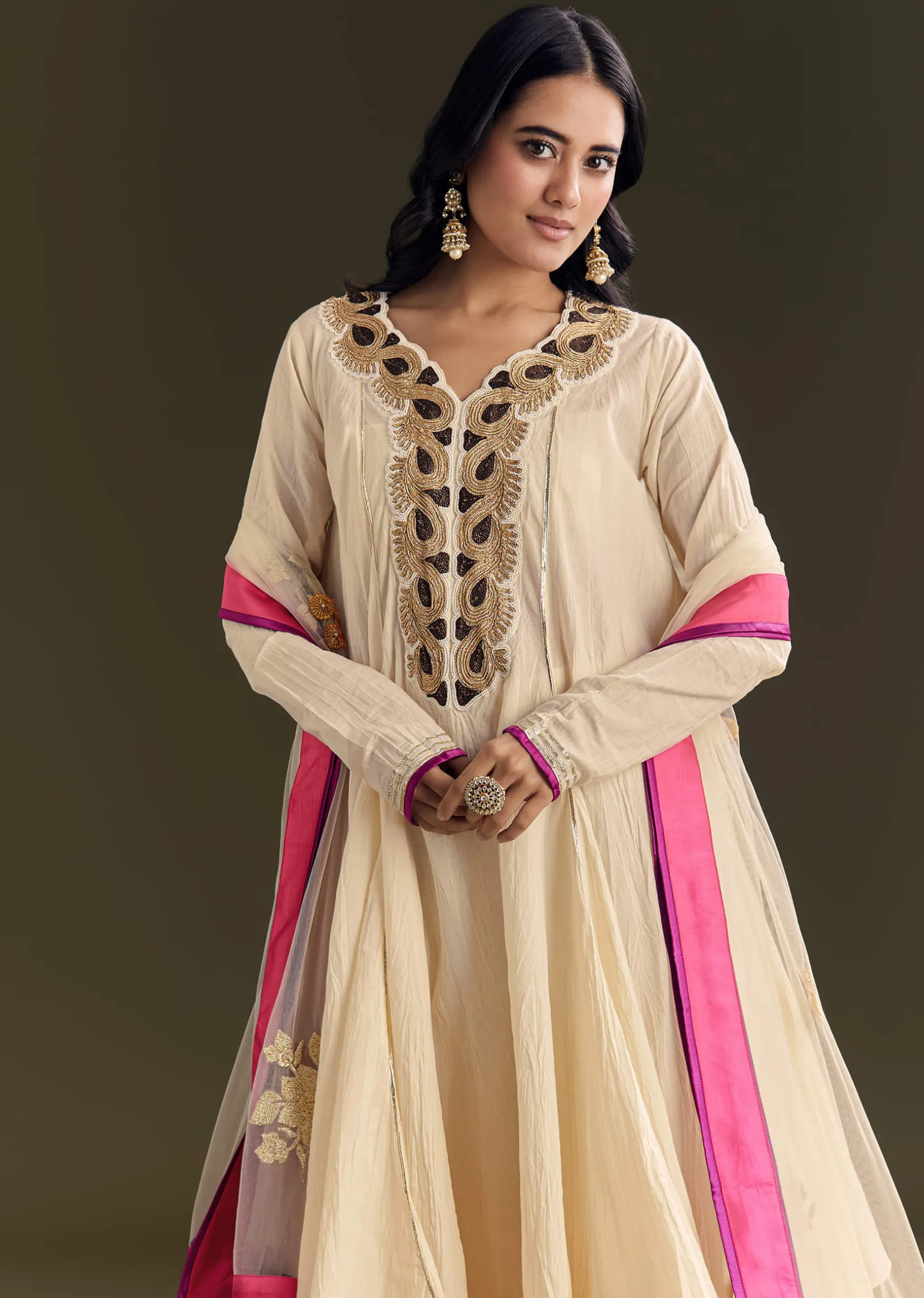 Off White Cora Cotton Asymmetrical Kurta Palazzo With Net Dupatta