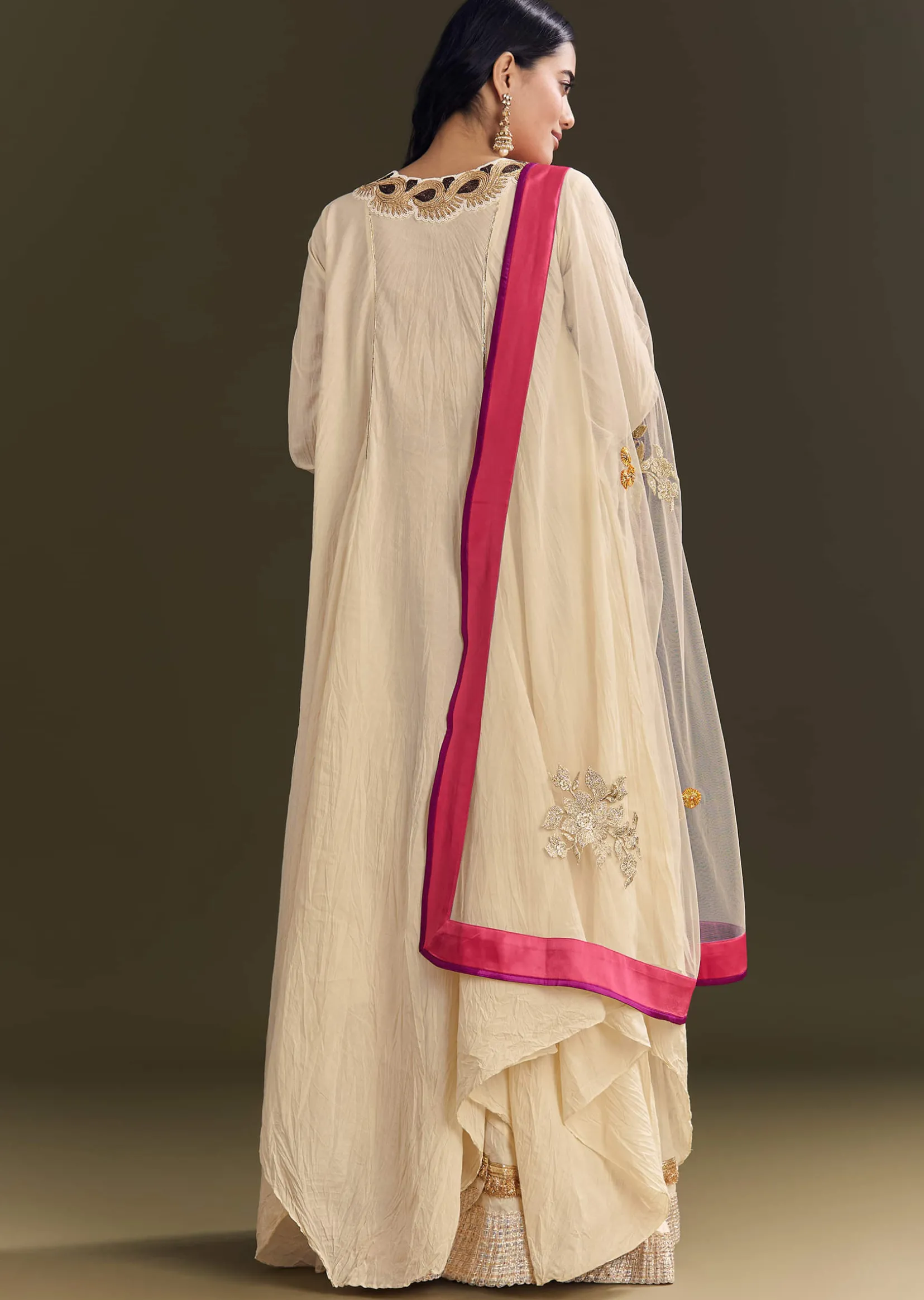 Off White Cora Cotton Asymmetrical Kurta Palazzo With Net Dupatta
