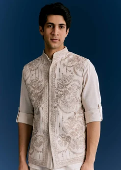 Off White Cotton Kurta Jacket Set With Embroidery