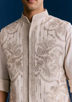 Off White Cotton Kurta Jacket Set With Embroidery