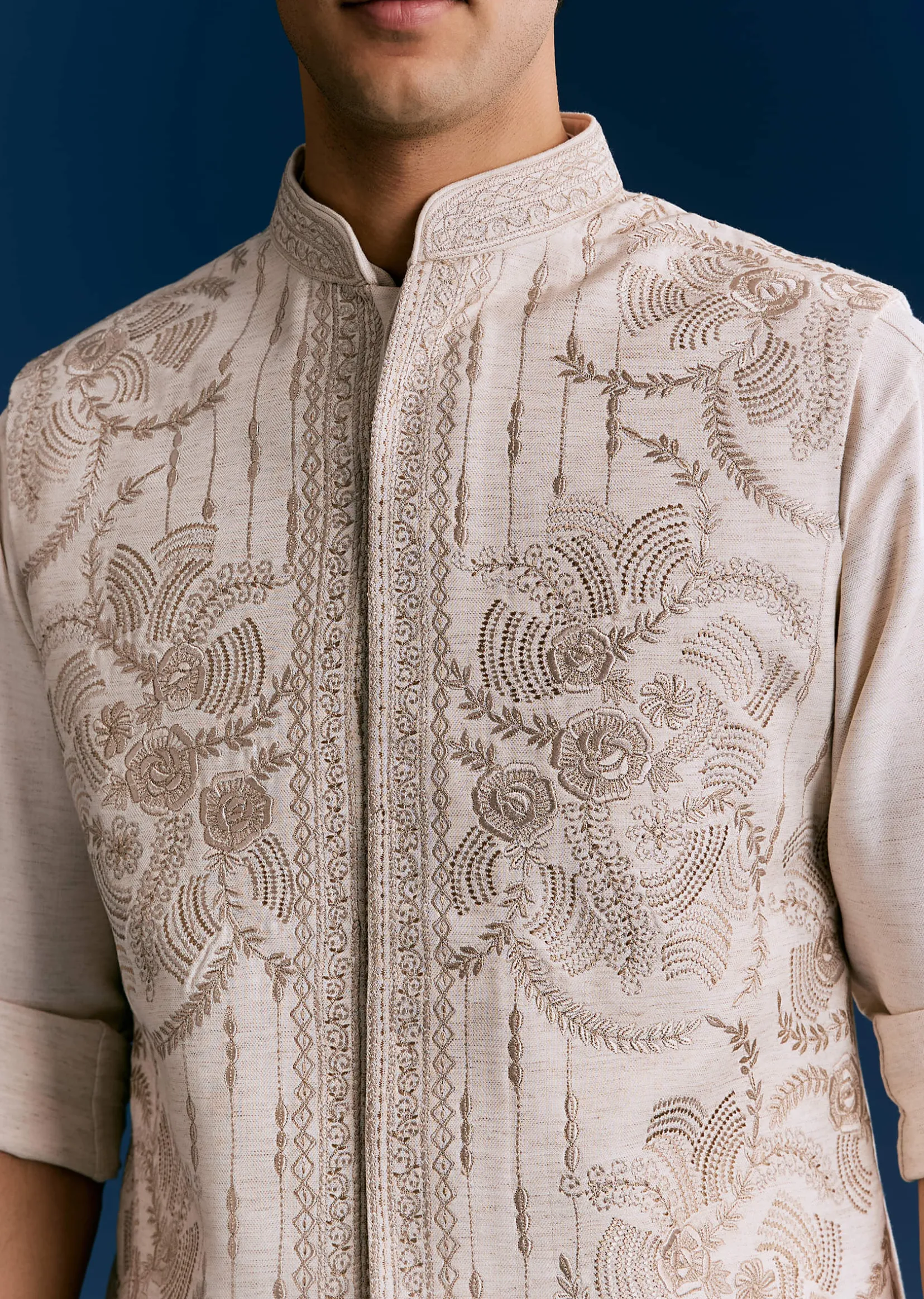 Off White Cotton Kurta Jacket Set With Embroidery