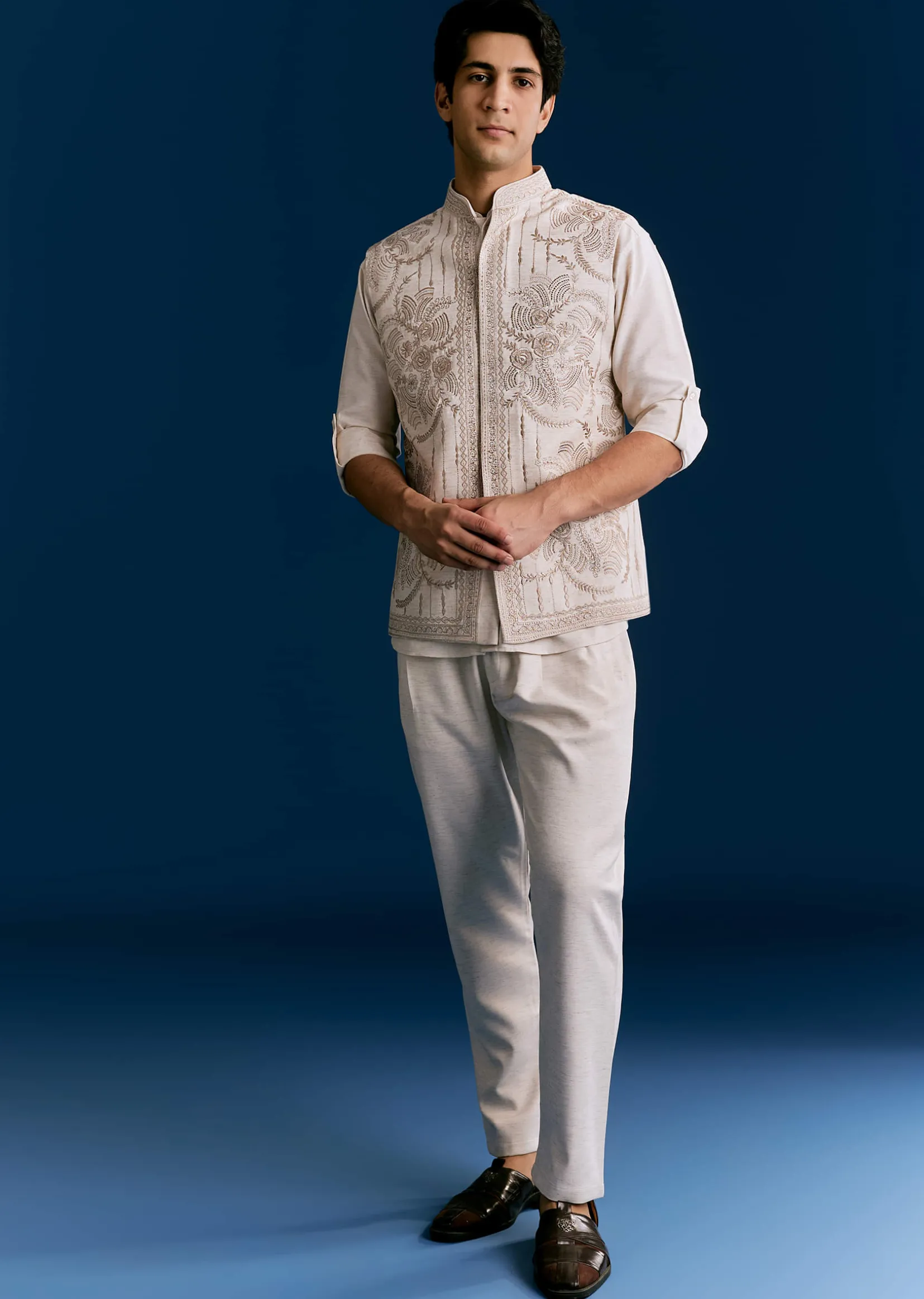 Off White Cotton Kurta Jacket Set With Embroidery