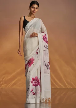 Off White Cotton Linen Saree With Artistic Floral Print