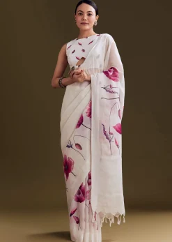 Off White Cotton Linen Saree With Artistic Floral Print