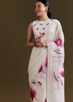 Off White Cotton Linen Saree With Artistic Floral Print