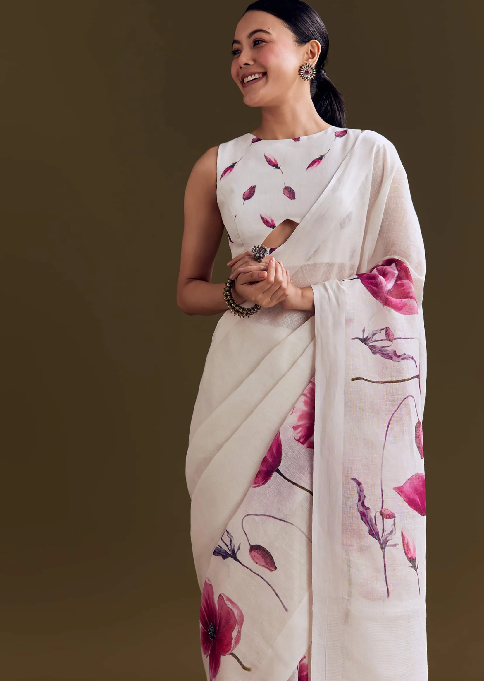 Off White Cotton Linen Saree With Artistic Floral Print