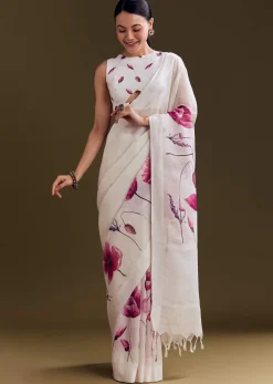 Off White Cotton Linen Saree With Artistic Floral Print