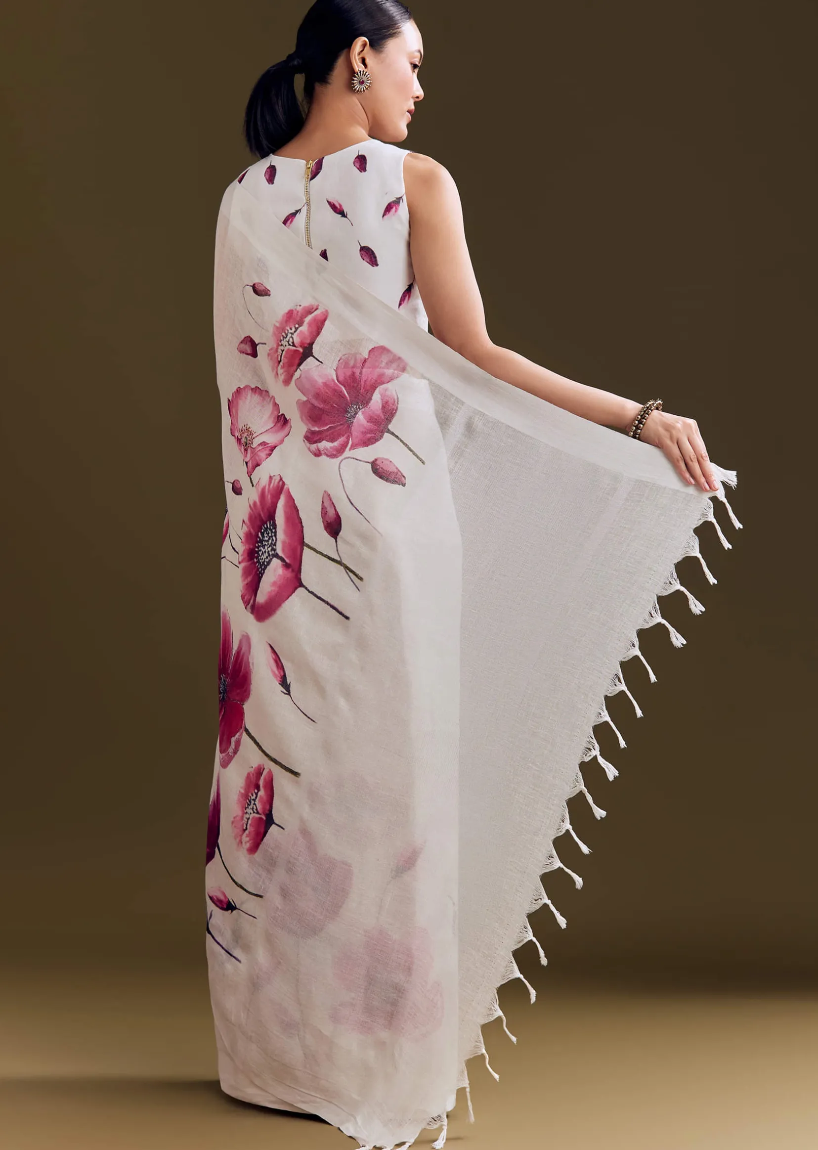 Off White Cotton Linen Saree With Artistic Floral Print