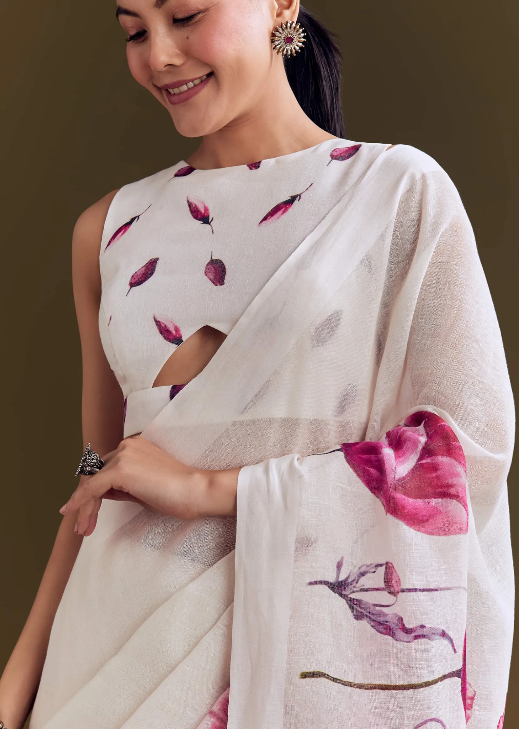 Off White Cotton Linen Saree With Artistic Floral Print