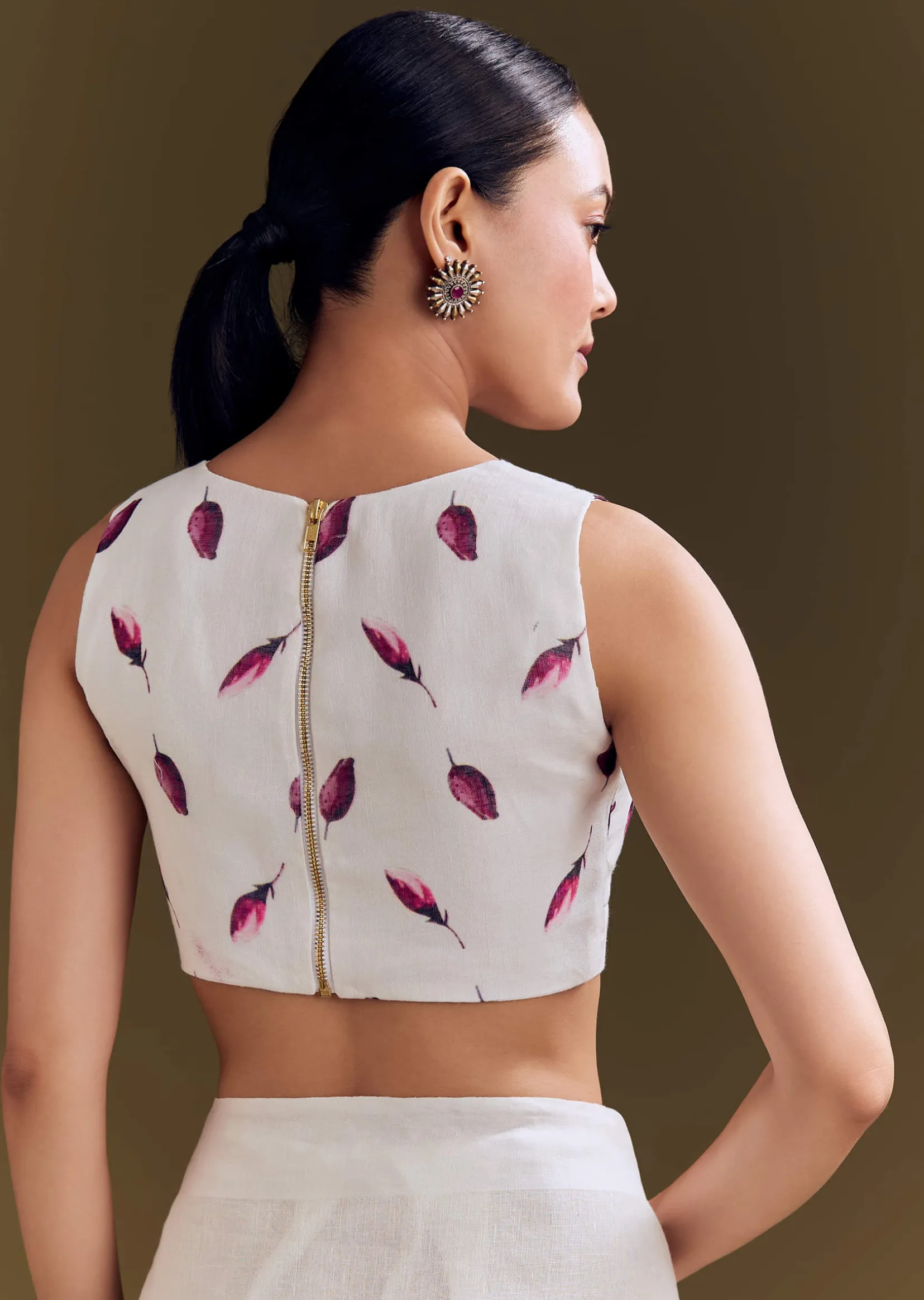 Off White Cotton Linen Saree With Artistic Floral Print