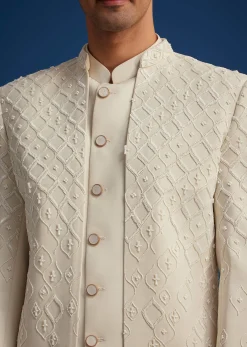 Off White Cotton Satin Sherwani Set With Embroidered Jacket
