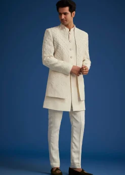 Off White Cotton Satin Sherwani Set With Embroidered Jacket
