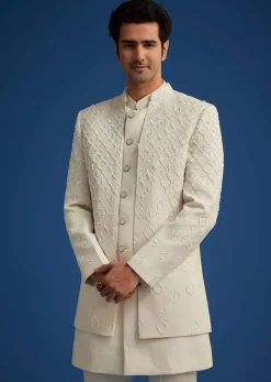Off White Cotton Satin Sherwani Set With Embroidered Jacket