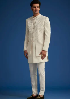 Off White Cotton Satin Sherwani Set With Embroidered Jacket