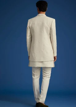 Off White Cotton Satin Sherwani Set With Embroidered Jacket