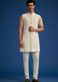 Off White Cotton Satin Sherwani Set With Embroidered Jacket