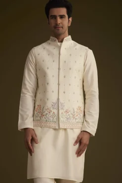 Off White Cotton Silk Jacket Set With Multicolored Floral Embroidery