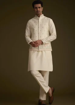 Off White Cotton Silk Jacket Set With Multicolored Floral Embroidery