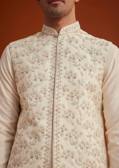 Off White Cotton Silk Jacket Set With Floral Zari Work