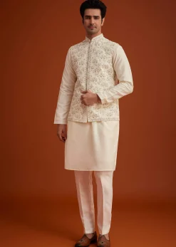 Off White Cotton Silk Jacket Set With Floral Zari Work
