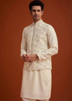 Off White Cotton Silk Jacket Set With Floral Zari Work