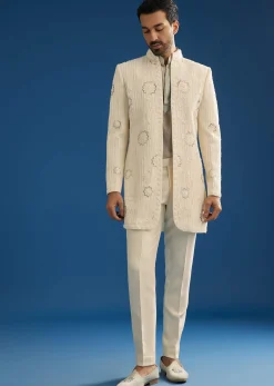 Off White Crush Tissue Sherwani Set With Beads And Cutdana Work