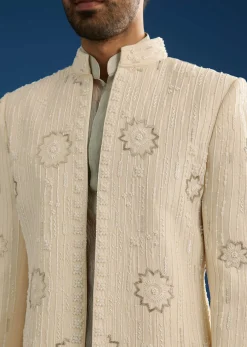 Off White Crush Tissue Sherwani Set With Beads And Cutdana Work