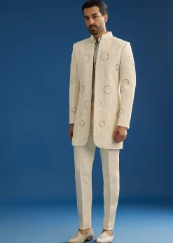 Off White Crush Tissue Sherwani Set With Beads And Cutdana Work