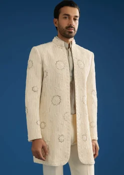 Off White Crush Tissue Sherwani Set With Beads And Cutdana Work