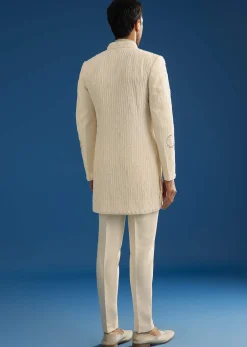 Off White Crush Tissue Sherwani Set With Beads And Cutdana Work
