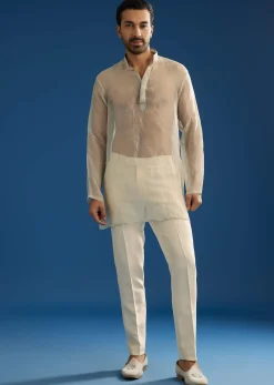 Off White Crush Tissue Sherwani Set With Beads And Cutdana Work