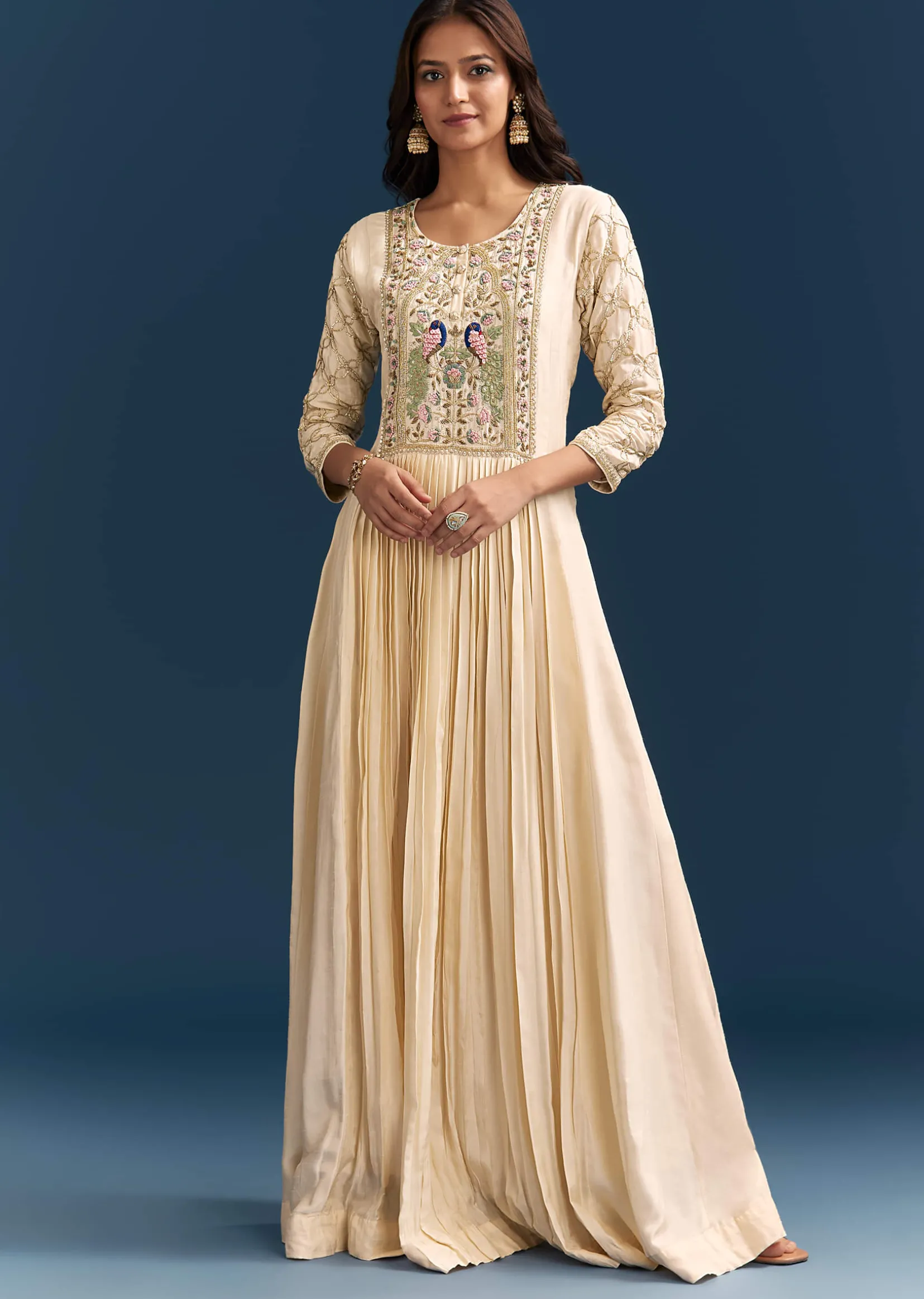 Off White Dola Silk Anarkali Suit With Beads Gotta And Cut Dana Work