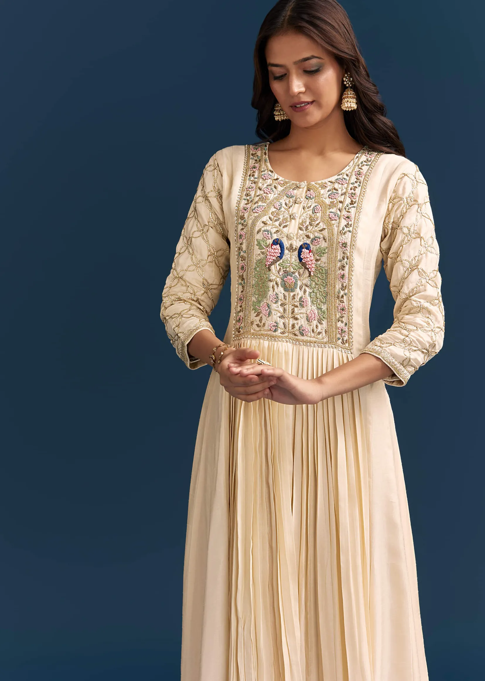 Off White Dola Silk Anarkali Suit With Beads Gotta And Cut Dana Work