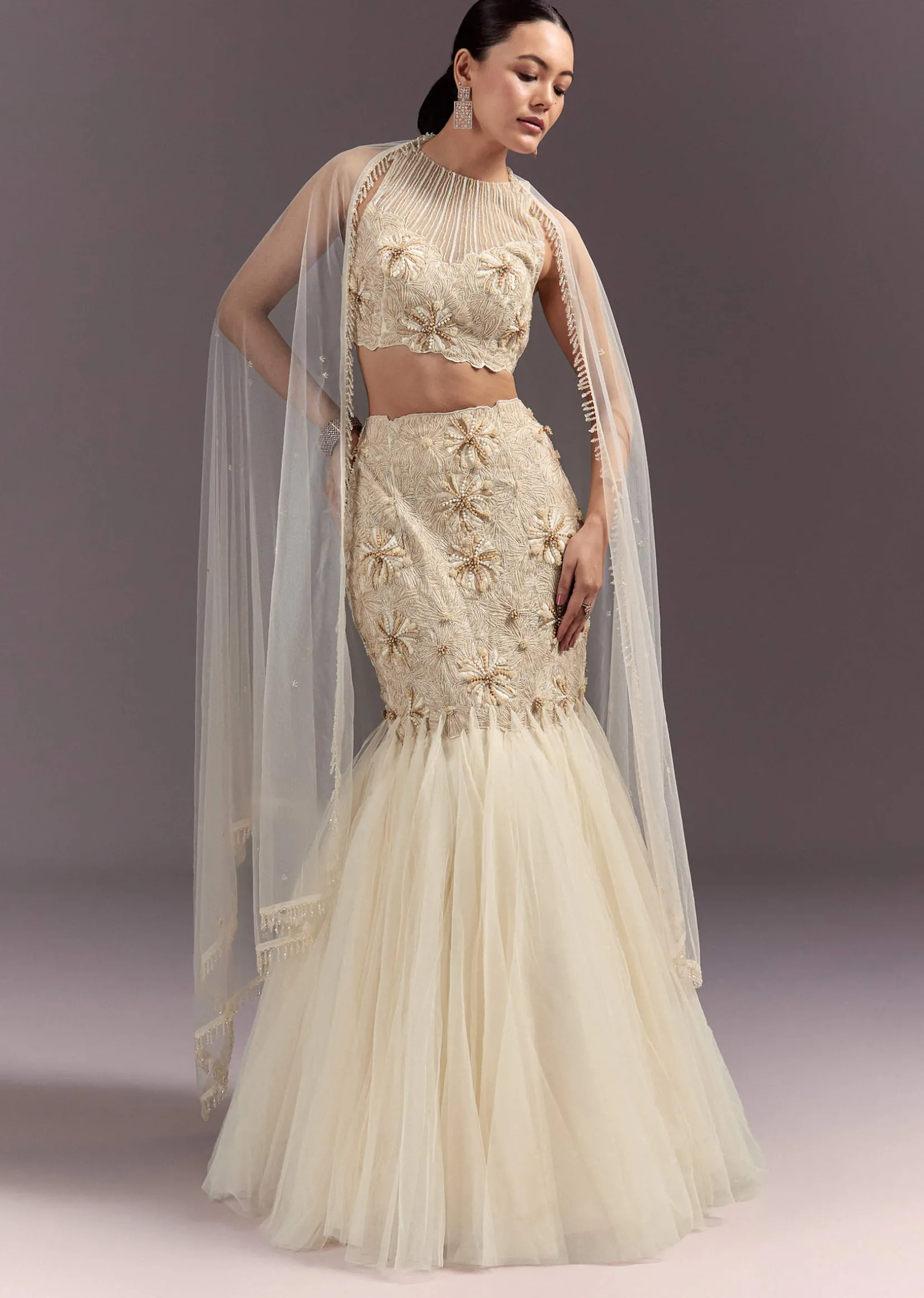Off White Embroidered Blouse With Fish Cut Skirt And Dupatta