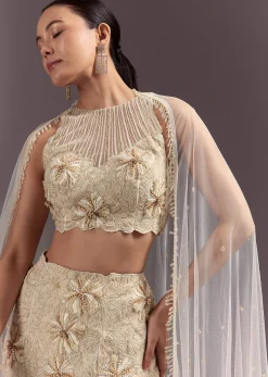 Off White Embroidered Blouse With Fish Cut Skirt And Dupatta