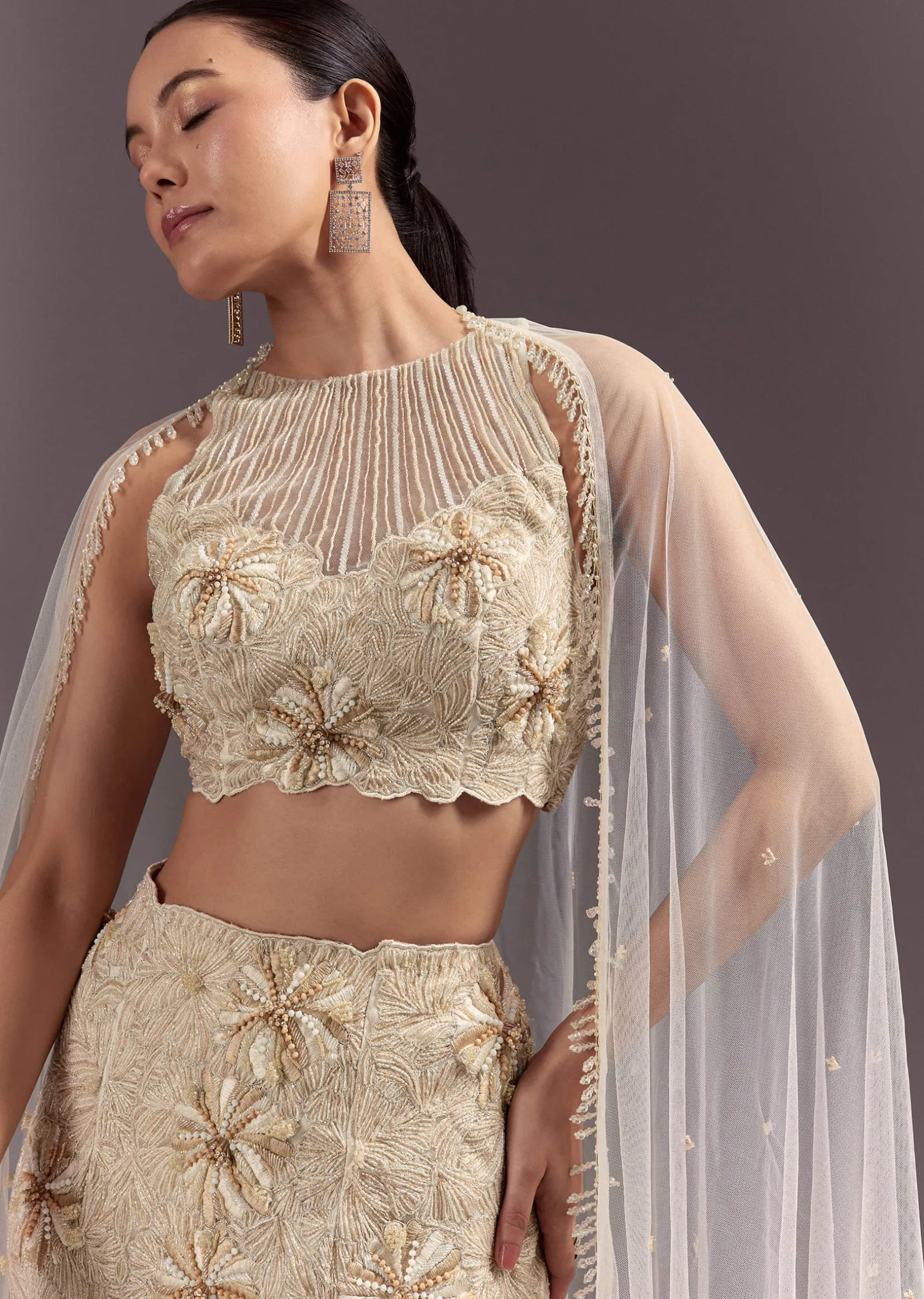 Off White Embroidered Blouse With Fish Cut Skirt And Dupatta