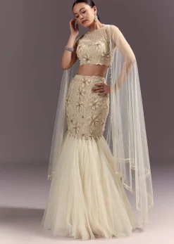 Off White Embroidered Blouse With Fish Cut Skirt And Dupatta
