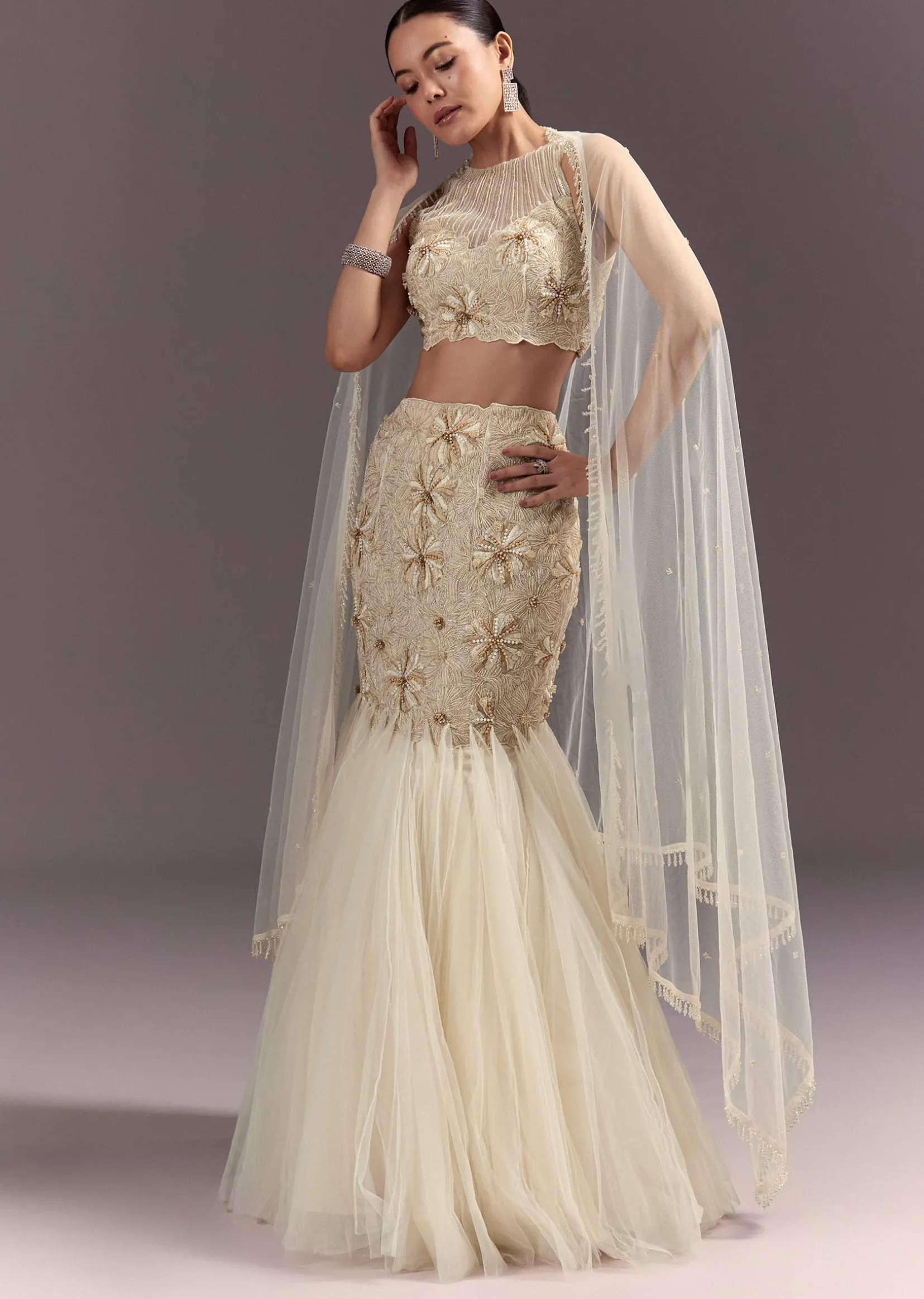 Off White Embroidered Blouse With Fish Cut Skirt And Dupatta