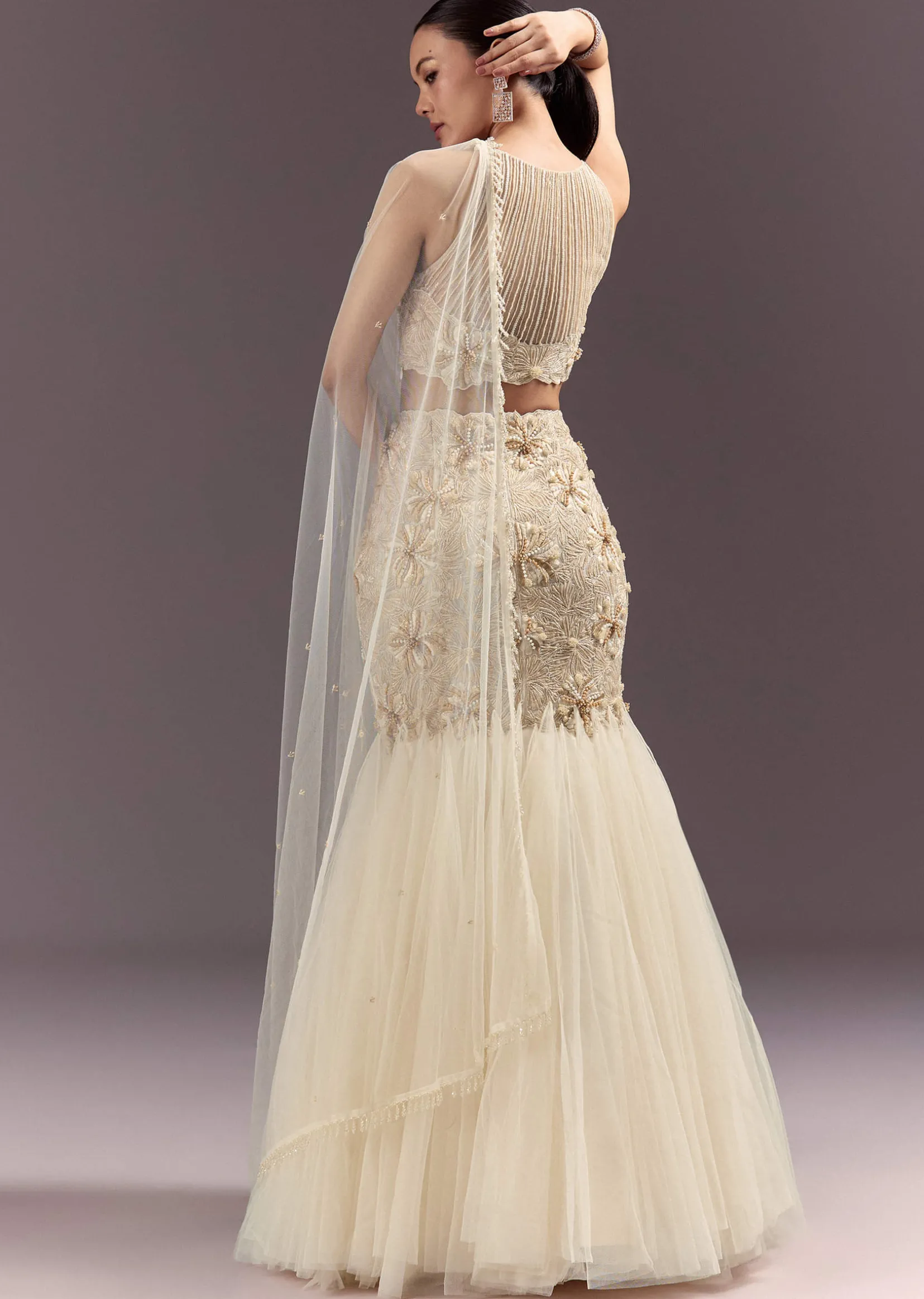 Off White Embroidered Blouse With Fish Cut Skirt And Dupatta
