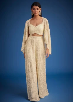Off White Embroidered Cape Palazzo Set