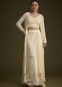 Off White Embroidered Croptop Skirt And Jacket Set